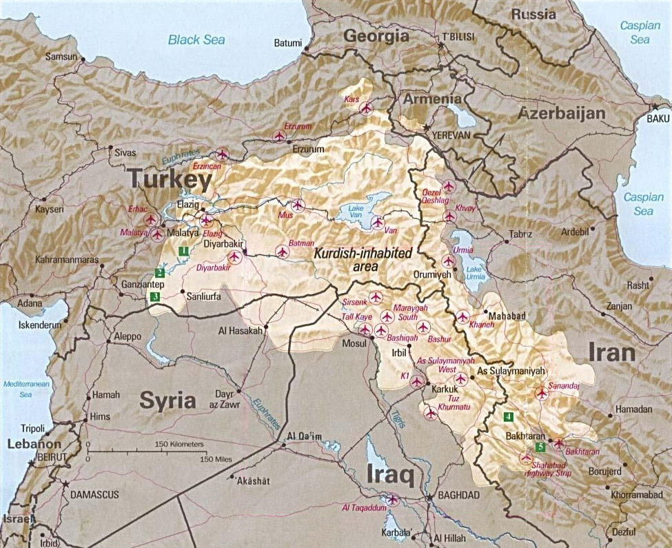 Mapa pokazuje zasięg terytorialny Kurdystanu
